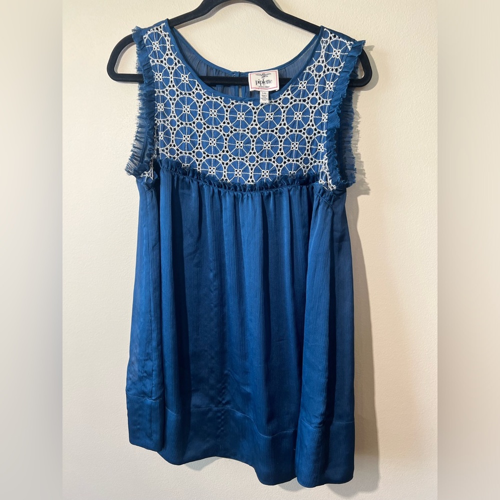 Piplette by Alice Ritter Blue Ruffle‎ Crochet Tank Top Women L Sleeveless Boho